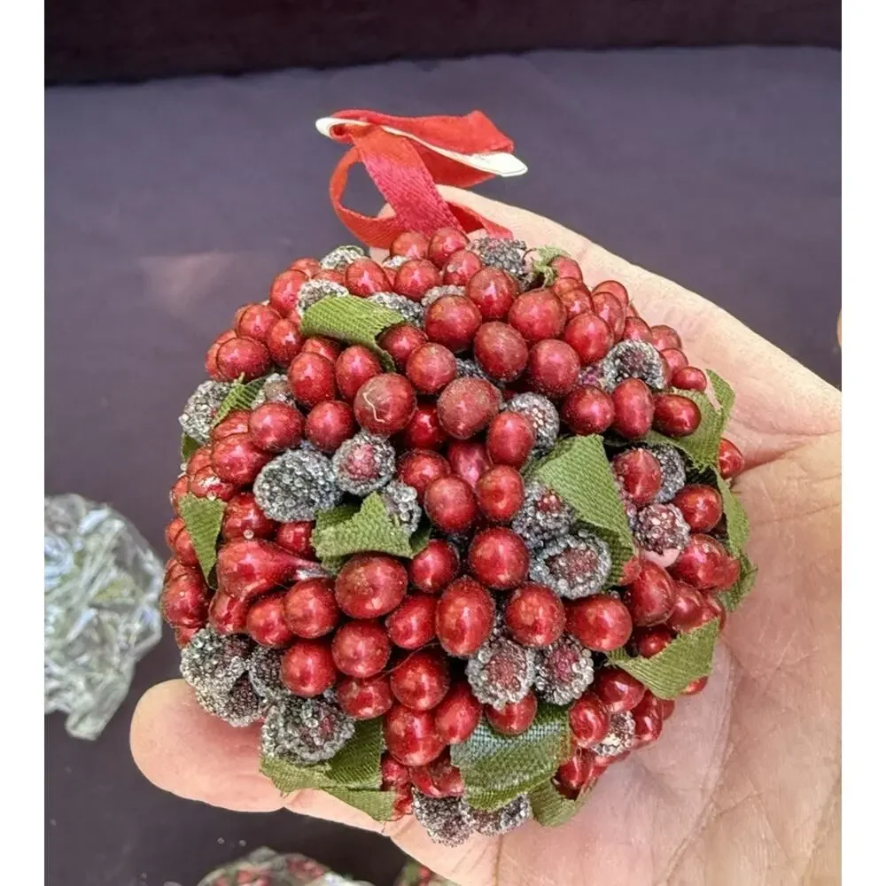6 CRATE & BARREL Christmas Ornament Red Sugared Berry Ball New Tag 412-112 -46D